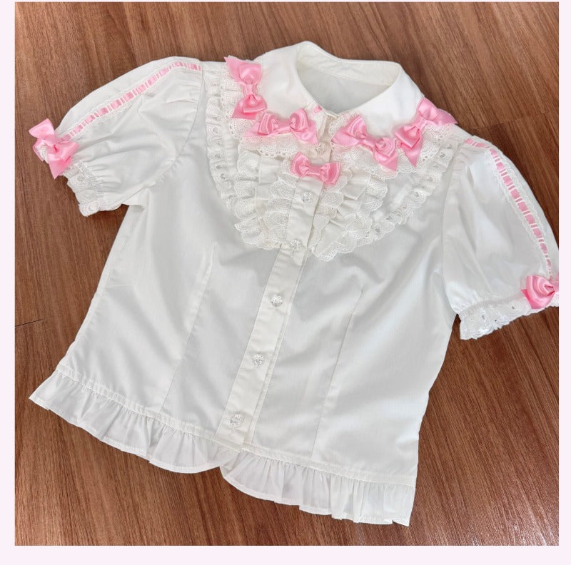 Bow Lace Peter Pan Collar Versatile 100% Cotton Blouse BY1202