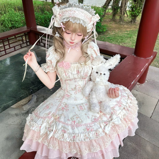 【Morning Mist Rose JSK / OP】 Sweet Gentle Floral Wall Lolita Dress by0998