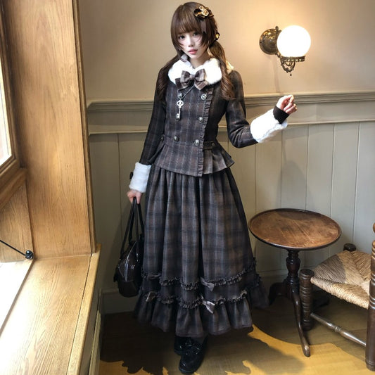 Vintage Chocolate Sweet Dream Lolita Winter Plaid Dress Set BY1012