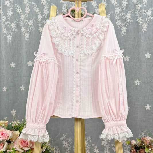 4 Colors Cute Peter Pan Collar Cotton Long Sleeved Blouse BY9267