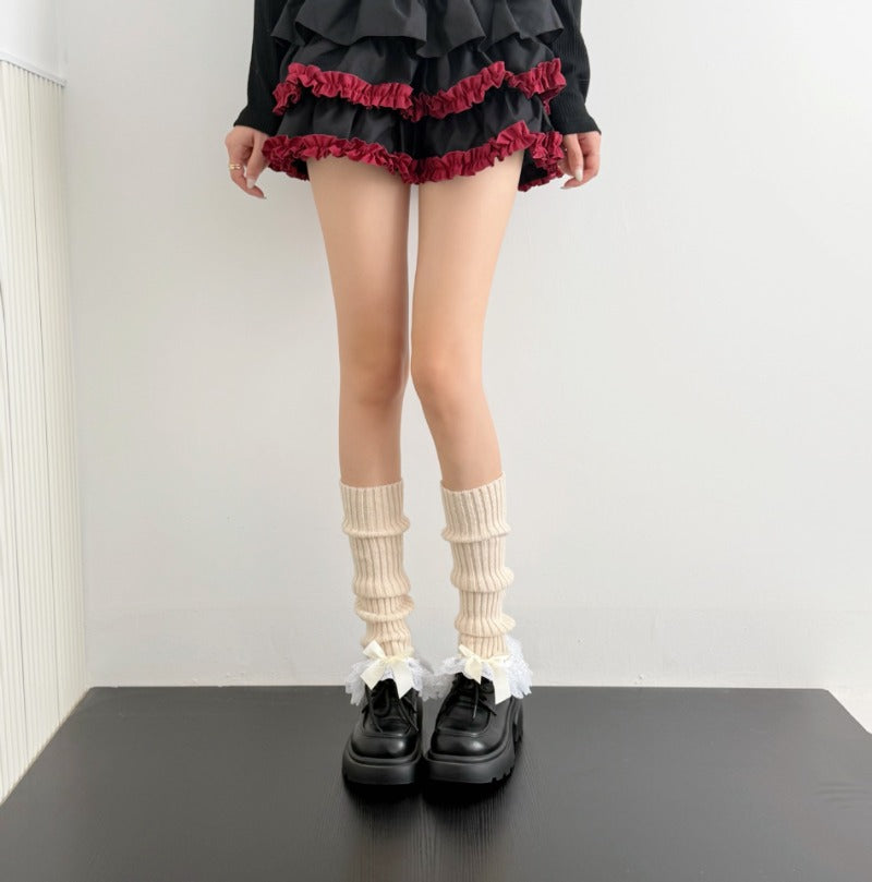 Sweet White Double Lace Mid-Calf Leg Warmers Lolita Winter Socks BY9221