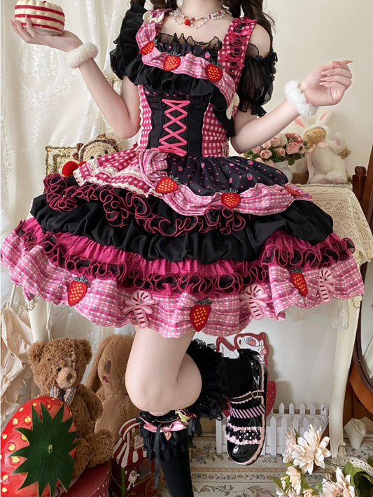 Red Strawberry Barbie Shredded Print JSK Dress BY1093