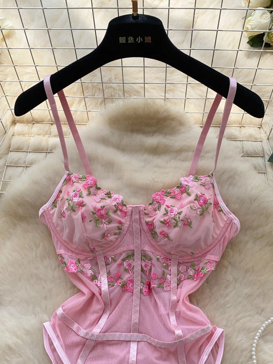 Sweet floral embroidery mesh jumpsuit BY0013
