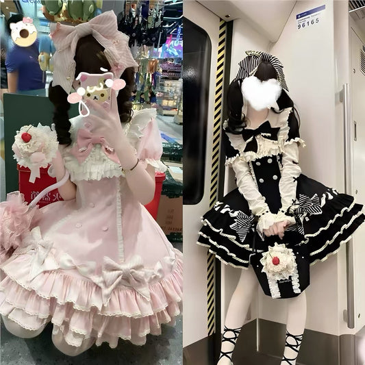 Pink/Blue/Black Striped Bow Cake Tier Sweet Lolita Dress | In Stock BY0002