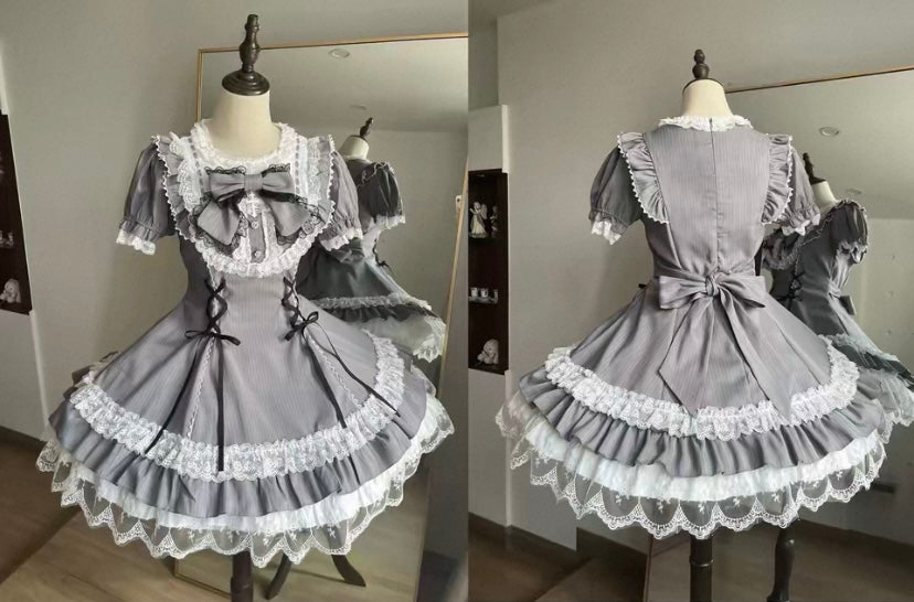 Pilgrim Rabbit Grey & White Striped Short Sleeve OP Dress BY6688