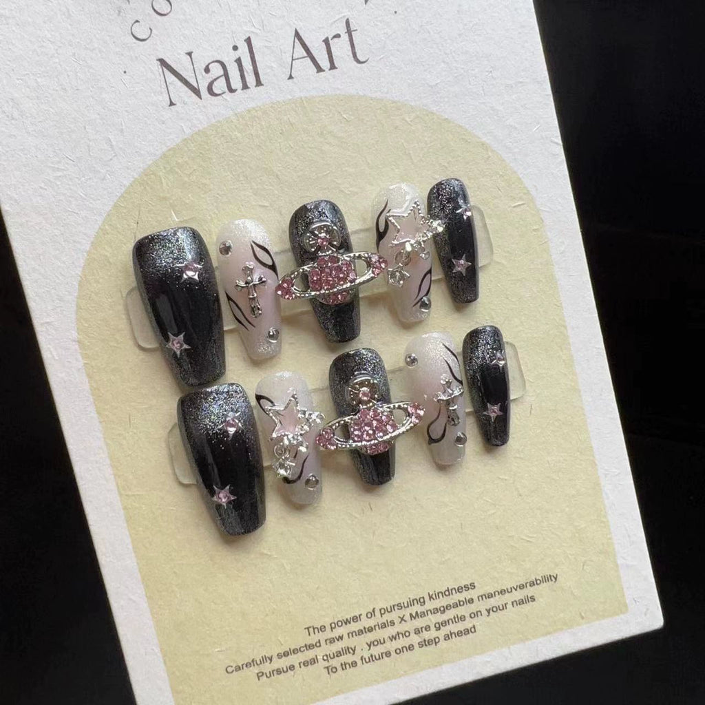 handmade fake nails black pink long coffin nails BY10015