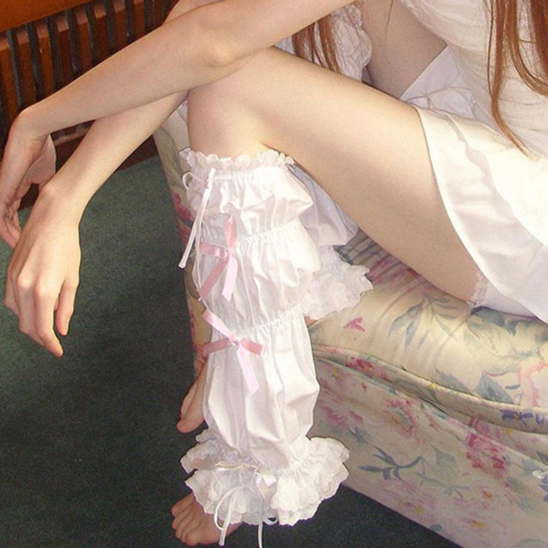 white pink ribbon cuff leg warmers BY11300