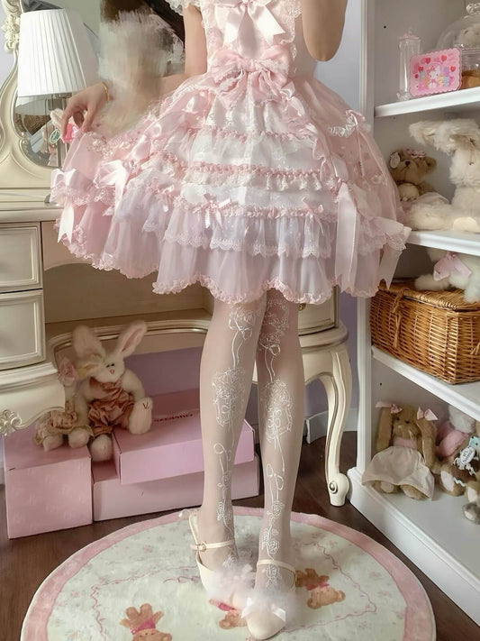 white rose frame print lolita tights, model wearing 1.jpg