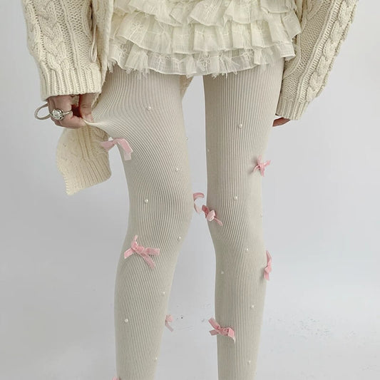 Sweet Lolita White Bow Pearl Ribbed Tights BY1190