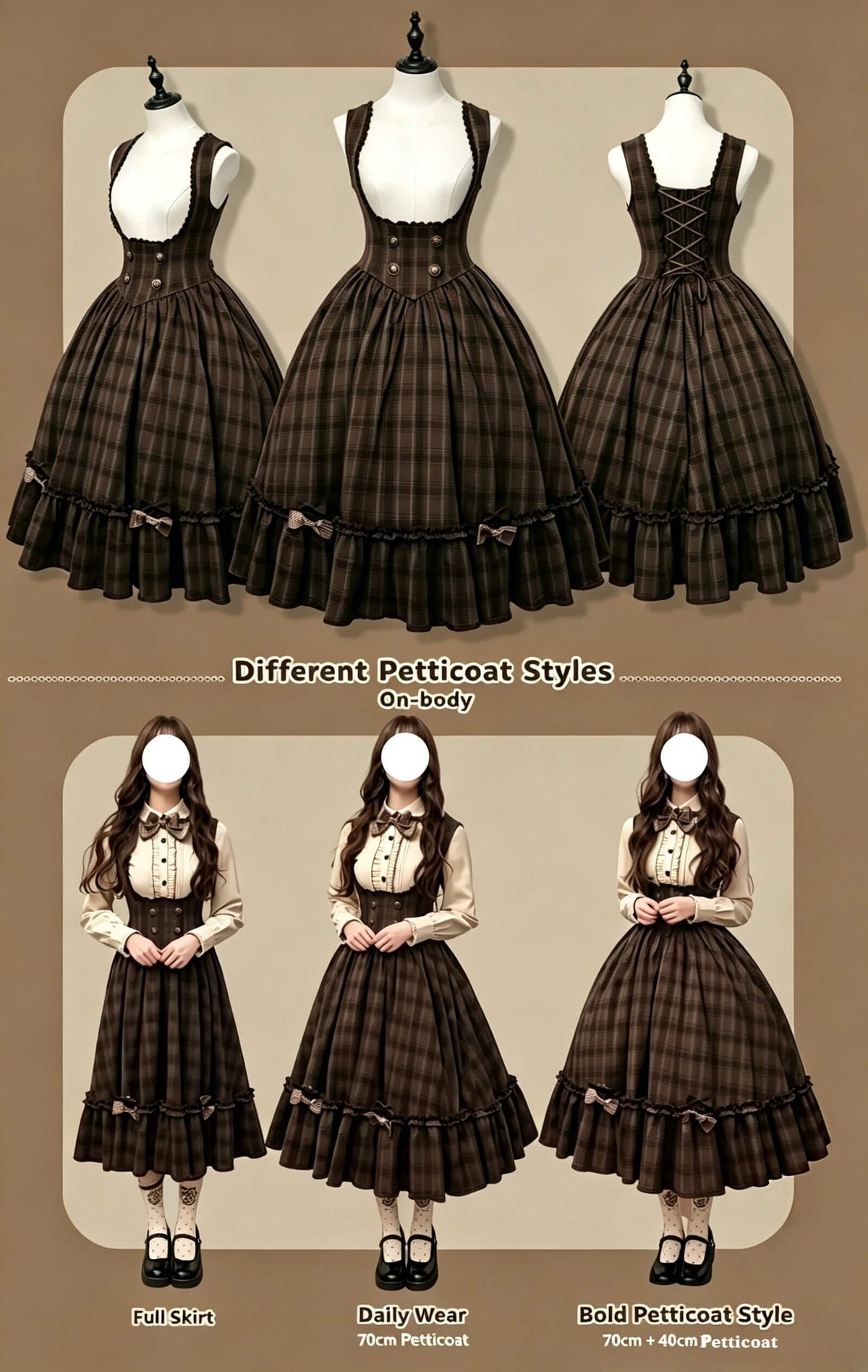 Vintage Chocolate Plaid Bustier Lolita Dress Set BY1180