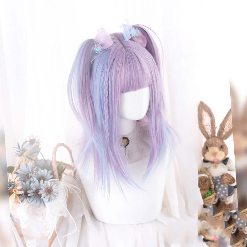 Pastel blue purple pick dyed short straight wig BY5050
