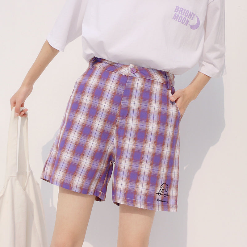 CUTE DOG EMBROIDERY PURPLE GRID SHORTS BY62007