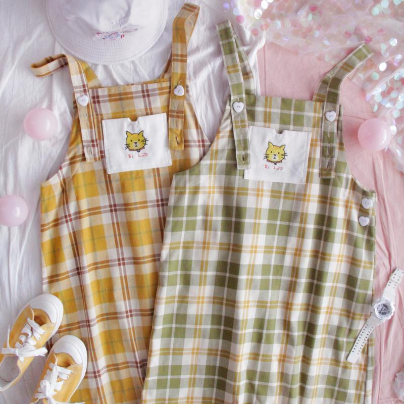 CUTE “CAT EMBROIDERY”CHECKED STRAP DRESS BY71054
