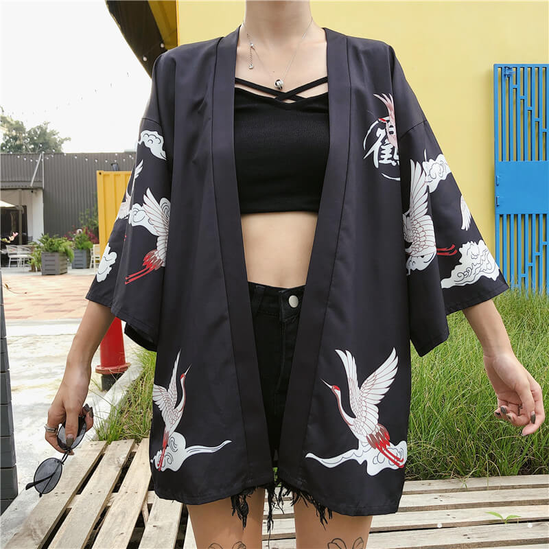 JAPANESE RETRO RED-CROWNED CRANE PRINT SHIRT BY98053