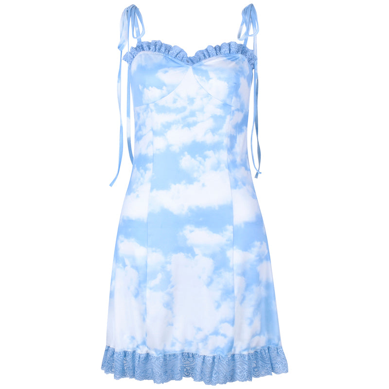 “BLUE SKY&WHITE CLOUD” LACE SLING DRESS BY71095