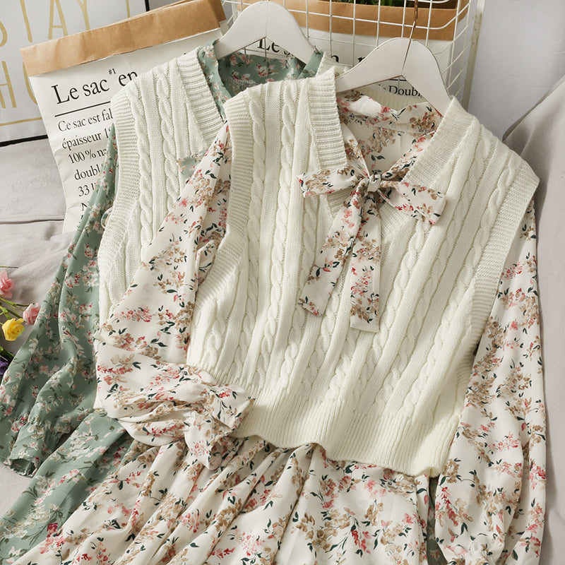 FLORAL HIGH WAIST MED LENGTH DRESS KNITTED VEST SUIT BY061002