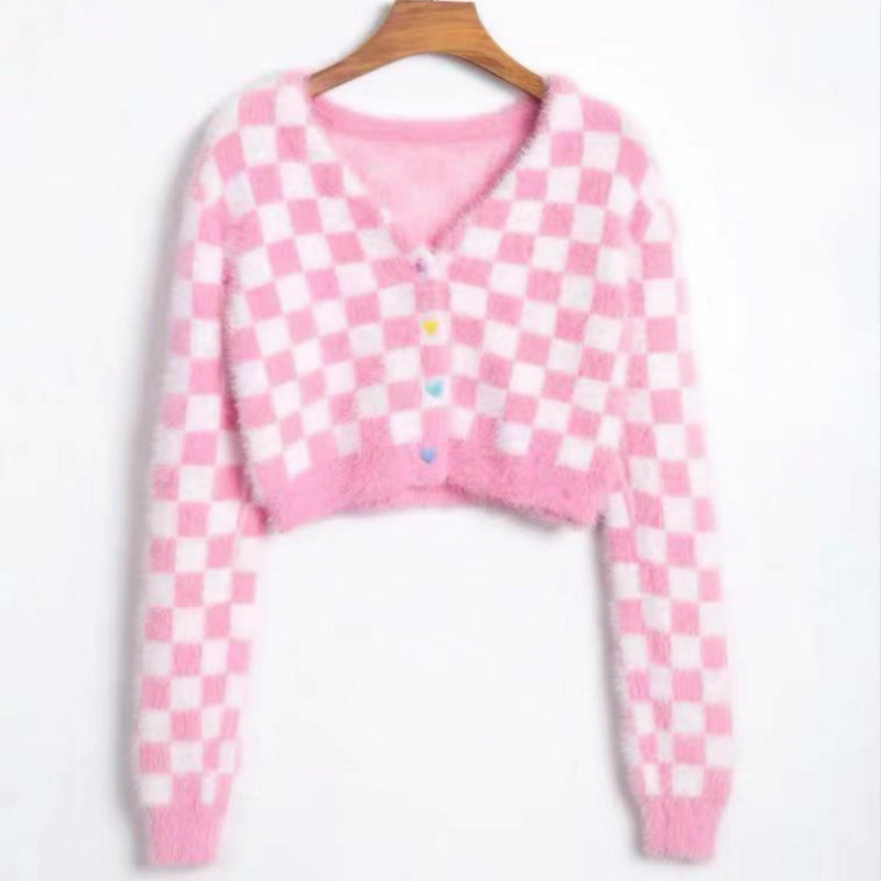 PINK PLAID VELVET SWEATER BY21148