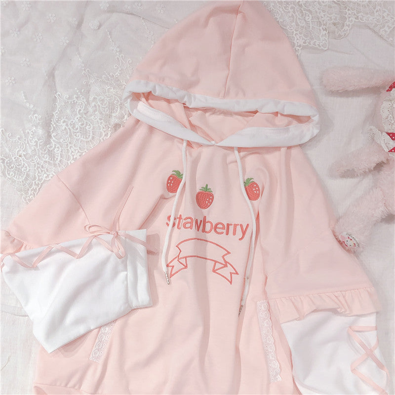 SWEET STRAWBERRY EMBROIDERY LONG SLEEVE HOODIE BY23119