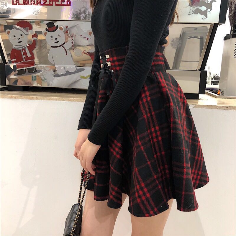 WOOL RED PLAID SKIRT BY61117