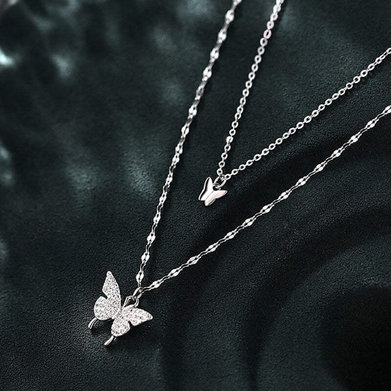 Silver double layer Butterfly fairy Necklace BY8061