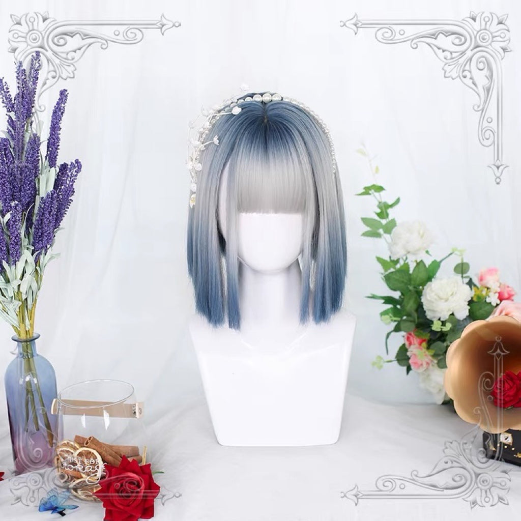 Lolita daily blue gray gradient short straight wig BY7077