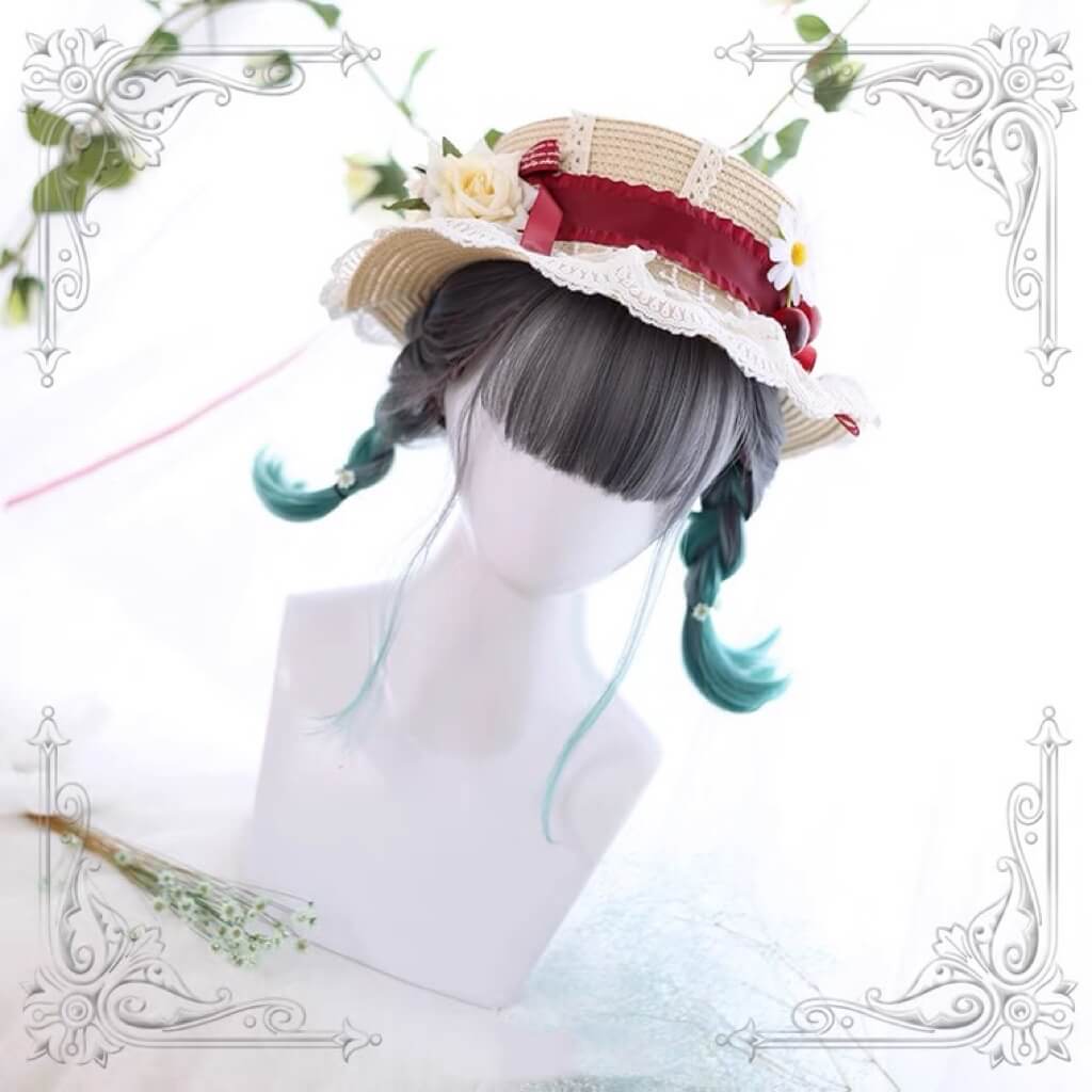 Lolita cute air bangs gray green gradient short wig BY5015