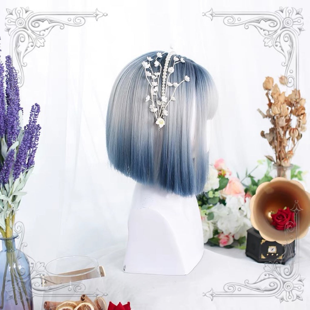 Lolita daily blue gray gradient short straight wig BY7077