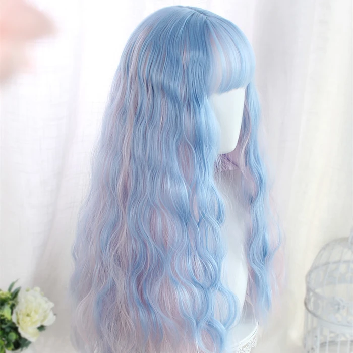PASTEL PINK BLUE MIXTURE LONG CURLY WIG BY90072