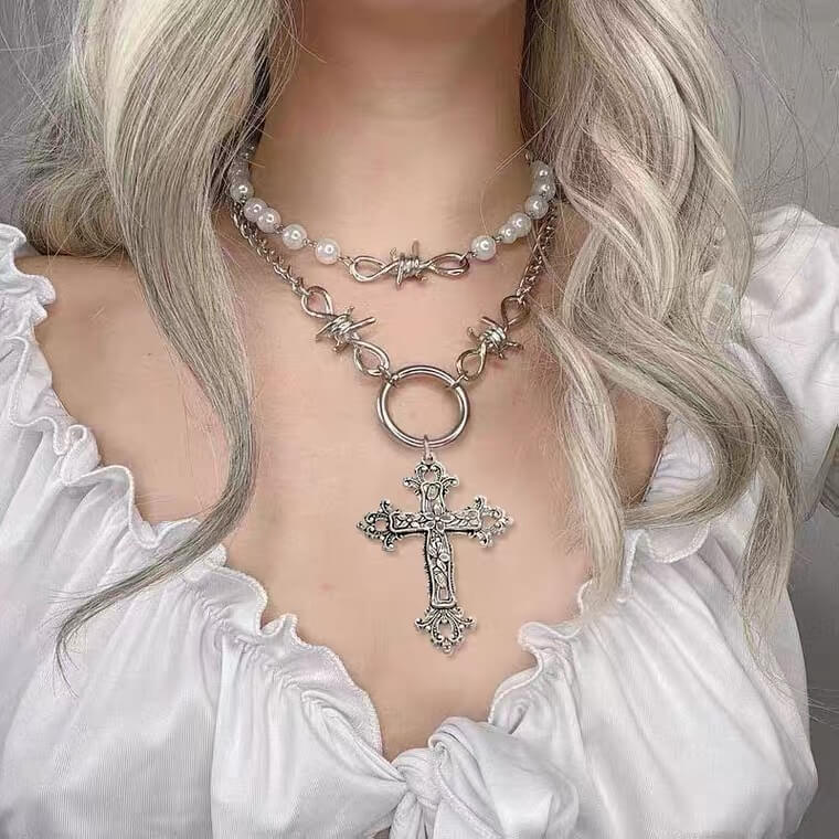Ins fashion Pearl cross pendant necklace BY4096