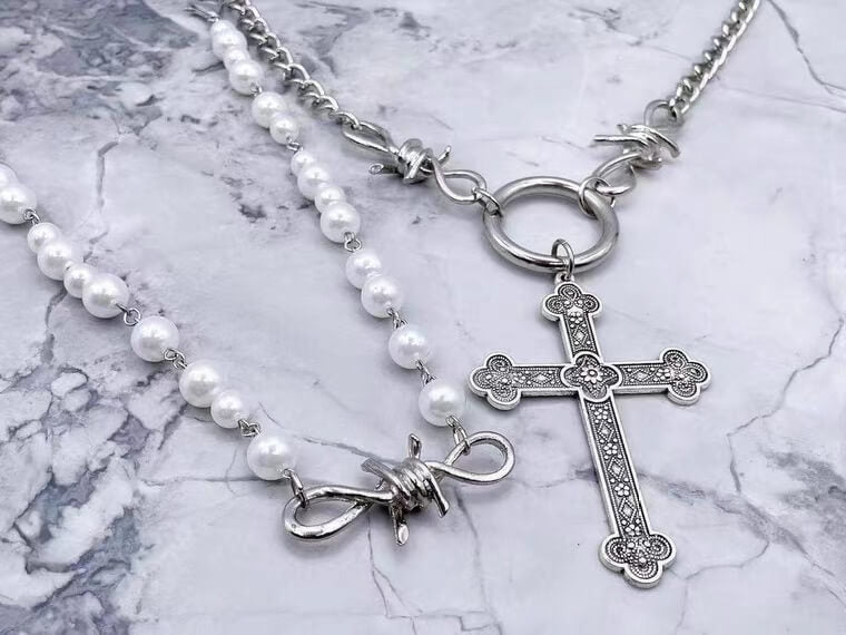 Ins fashion Pearl cross pendant necklace BY4096