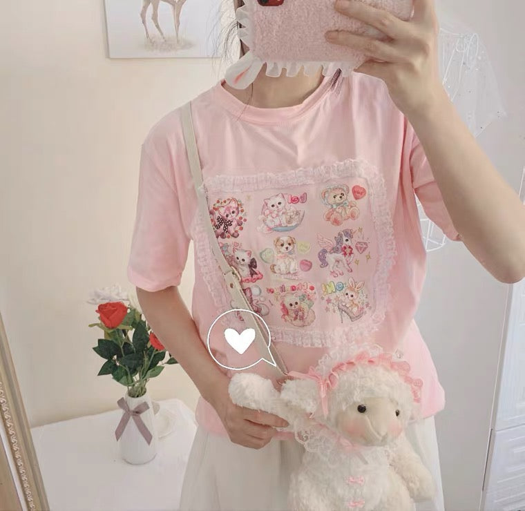 JAPANESE CUTE CAT PASTEL PINK LACE T-SHIRT BY60036