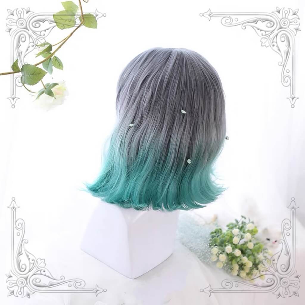 Lolita cute air bangs gray green gradient short wig BY5015