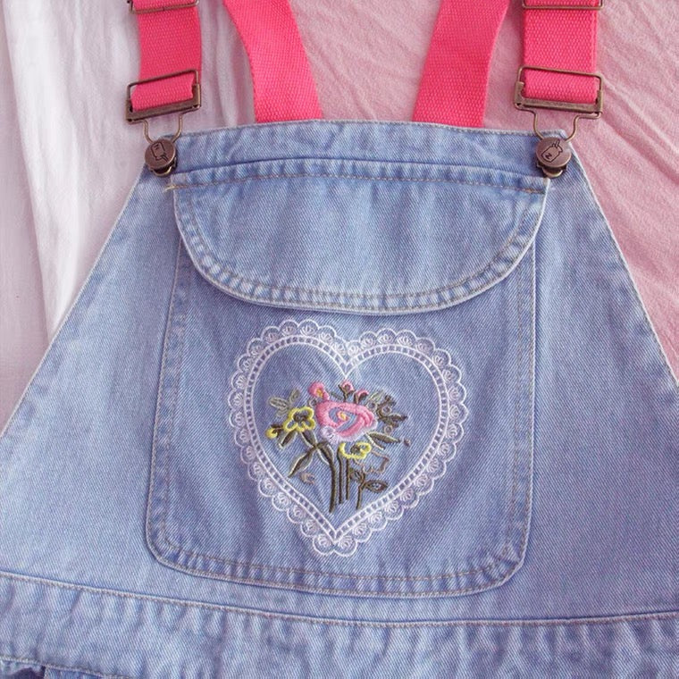 JAPANESE CUTE FLOWER EMBROIDERY DENIM OVERALLS SHORTS BY60002