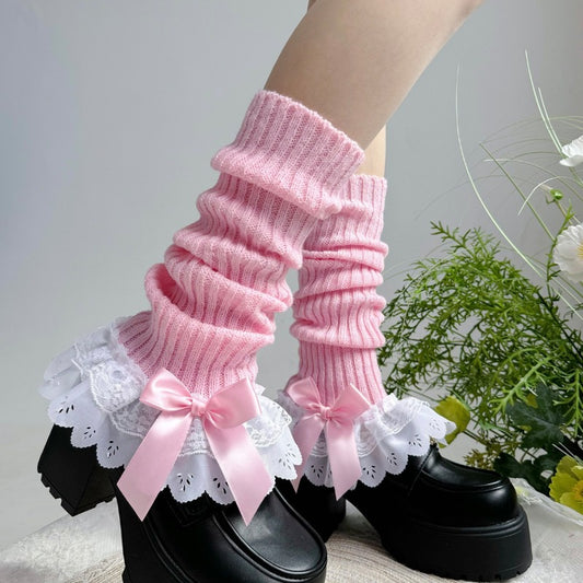 Sweet White Double Lace Mid-Calf Leg Warmers Lolita Winter Socks BY9221