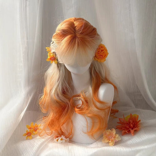 【Autumn Afterglow】White Orange Gradient Large Wavy Long  Wig BY9225