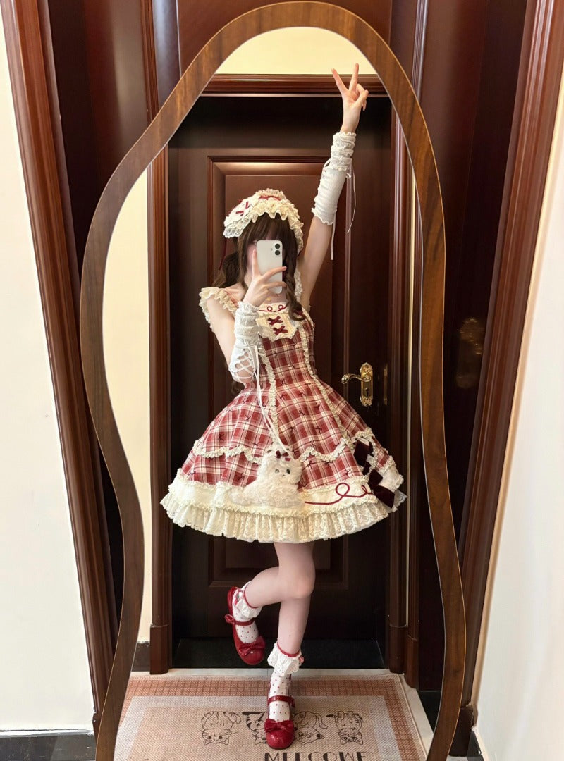 Red Plaid Lolita Patchwork Puppy Applique JSK Dress includes headband BY1092