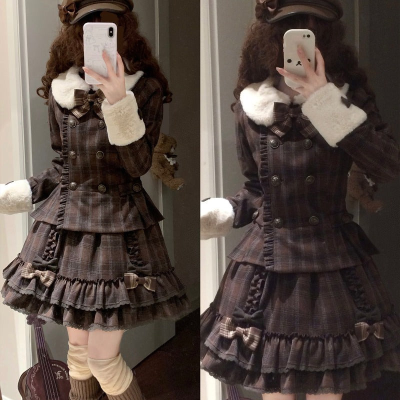 Vintage Chocolate Sweet Dream Lolita Winter  Plaid Dress Set BY1012