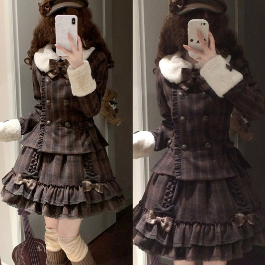 Vintage Chocolate Sweet Dream Lolita Winter  Plaid Dress Set BY1012