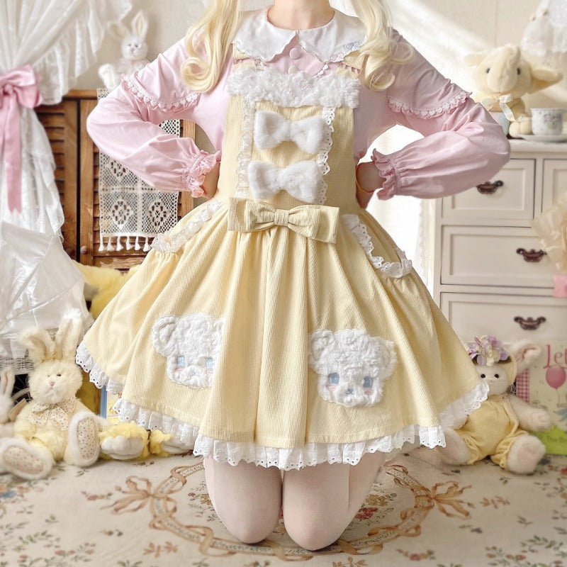 Sweet Lolita JSK | Cute Bear Applique Embroidery Dress with Plush Shoulder Straps BY1161