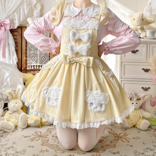 Sweet Lolita JSK | Cute Bear Applique Embroidery Dress with Plush Shoulder Straps BY1161