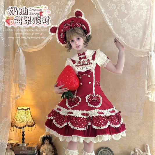 Pre-order  Cream Berry Party Strawberry Polka Dot JSK BY1029