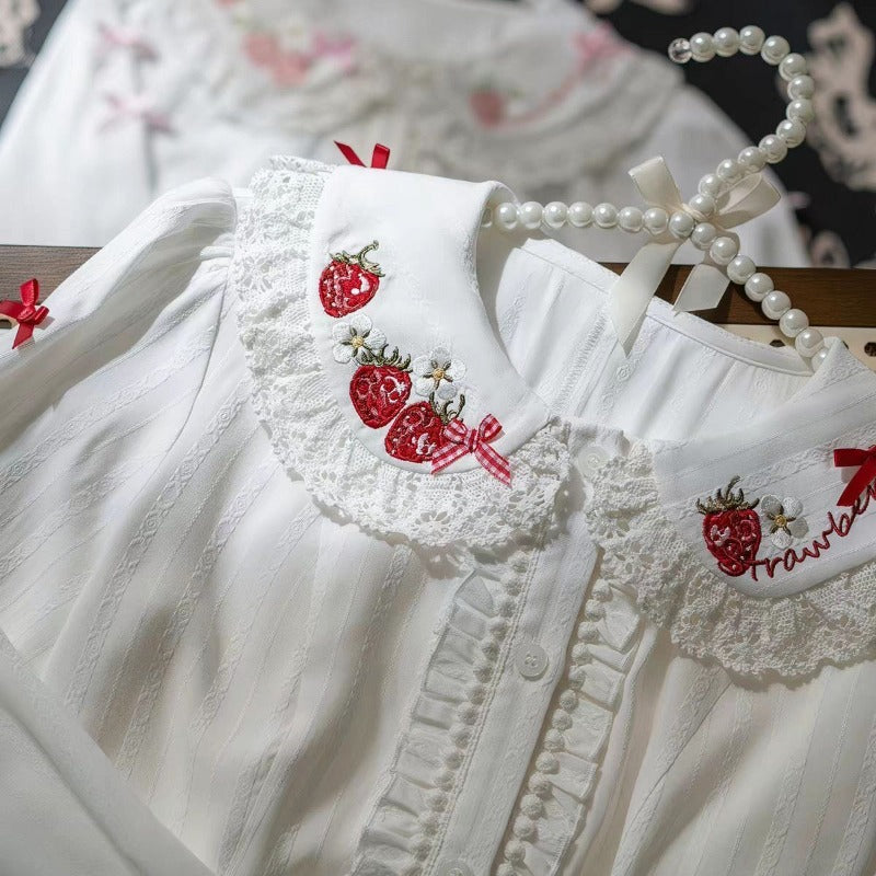 Cute Bow Strawberry Embroidery Blouse BY1131