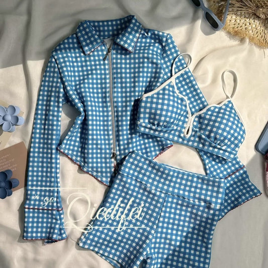 Blue checkered three piece swimsuit set