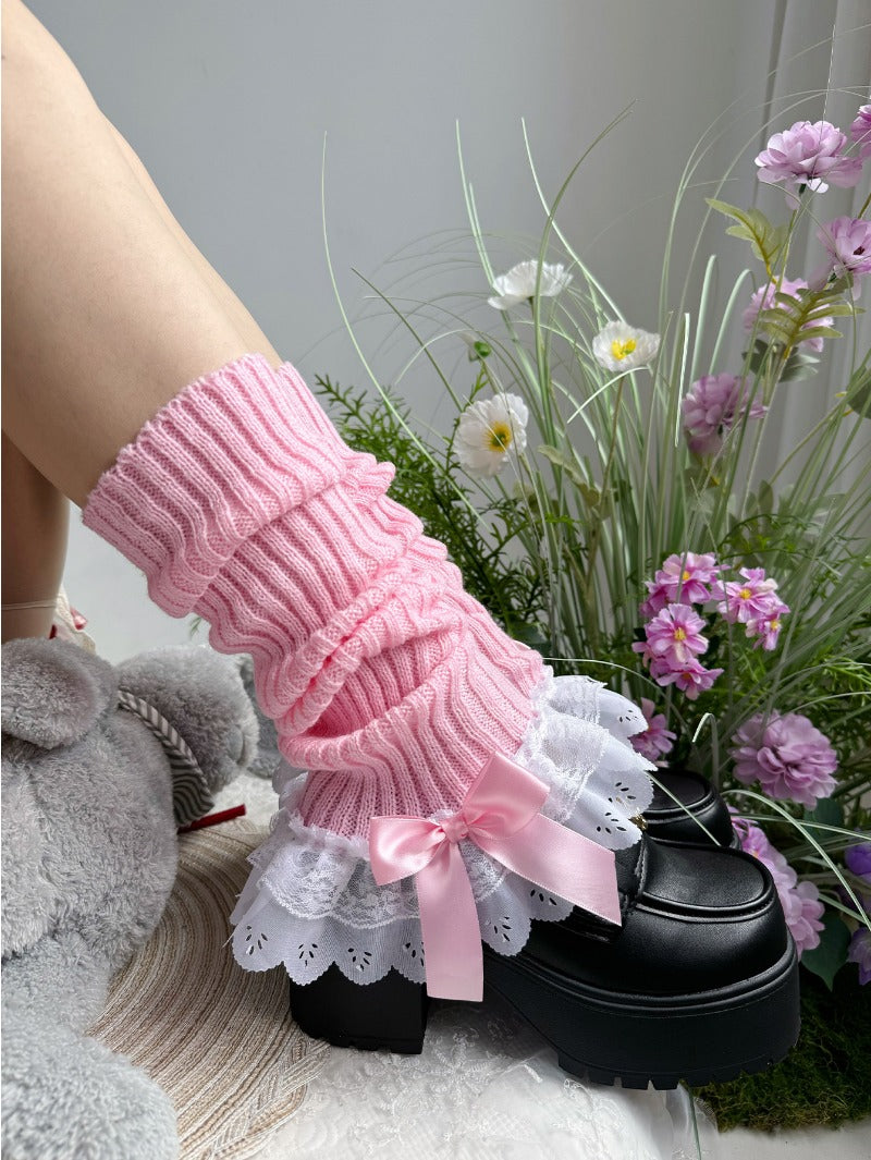 Sweet White Double Lace Mid-Calf Leg Warmers Lolita Winter Socks BY9221