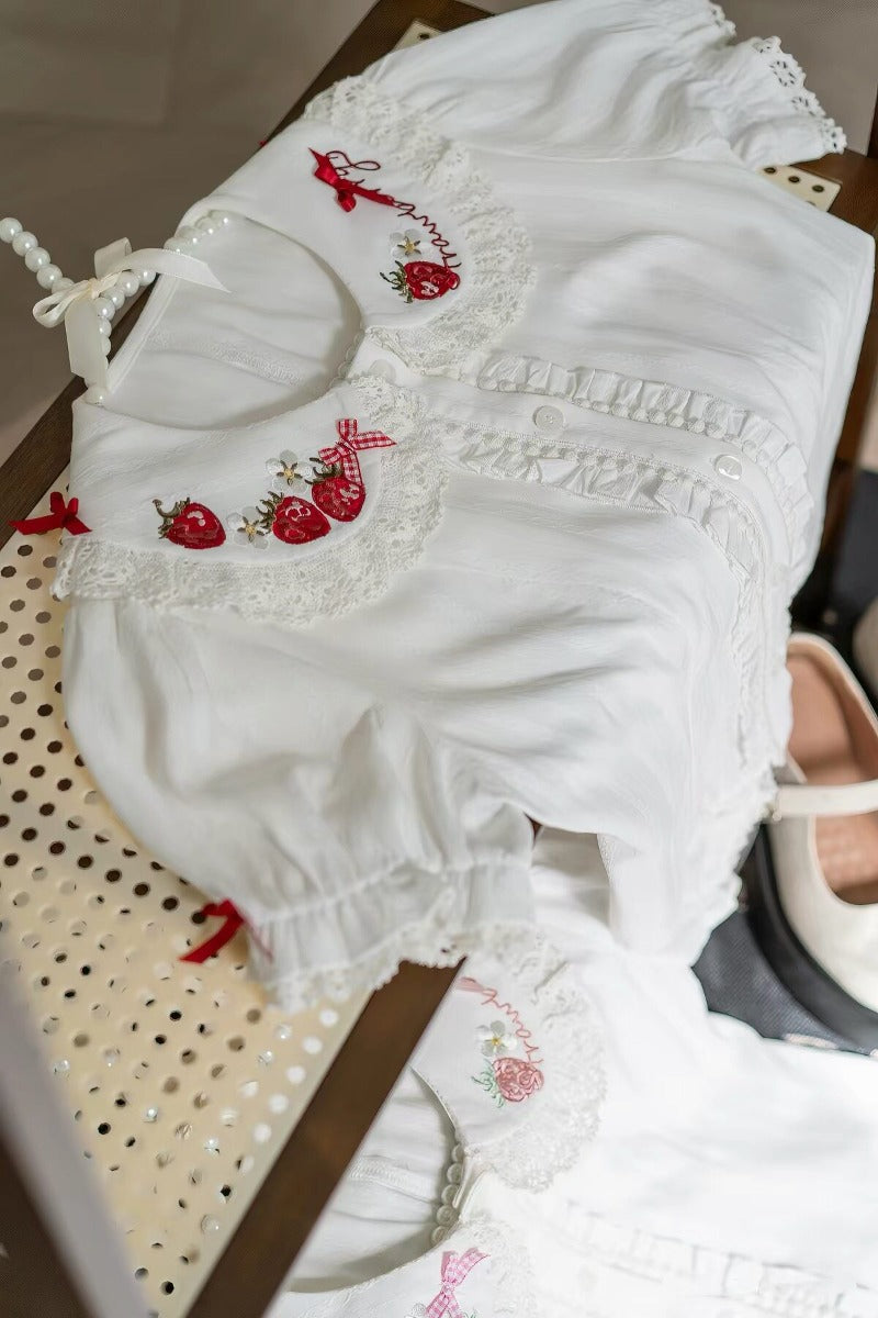 Cute Bow Strawberry Embroidery Blouse BY1131