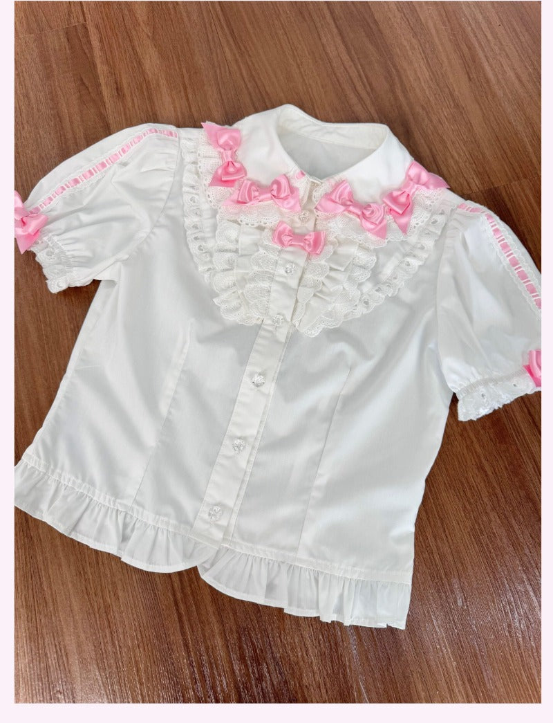 Bow Lace Peter Pan Collar Versatile  100% Cotton Blouse BY1202