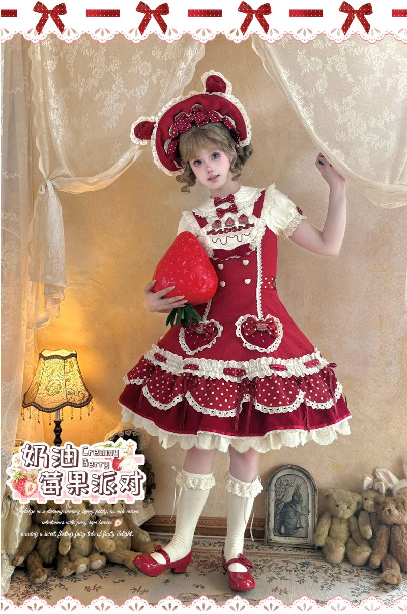 Pre-order  Cream Berry Party Strawberry Polka Dot JSK BY1029