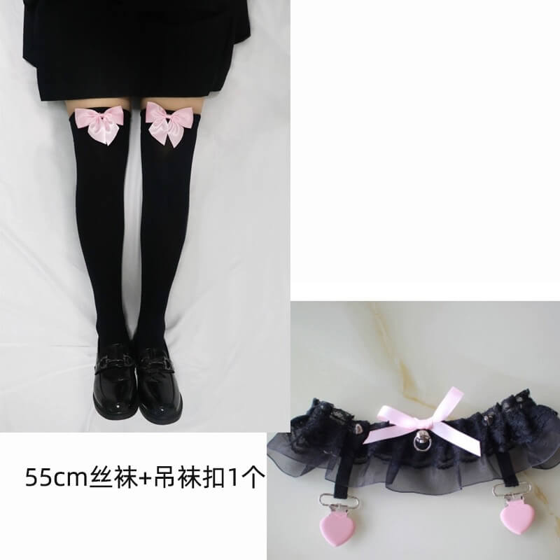 Lolita cos Soft Girl Cute Bow Knee Socks Velvet Thigh High Tube Socks with Leg loop clamp BY11135