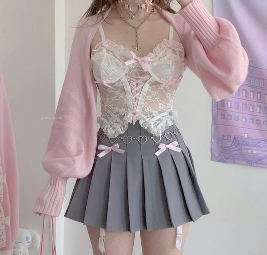 Ins lace pink bow sexy croset BY4061