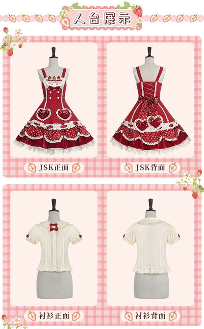 Pre-order  Cream Berry Party Strawberry Polka Dot JSK BY1029